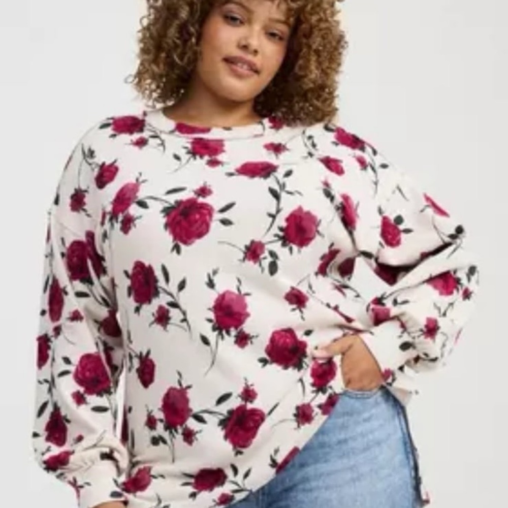TORRID DROP SHOULDER LONG SLEEVE RIB TEE//UPBEAT ROSES FLORAL BIRCH DESIGN//SZ 5